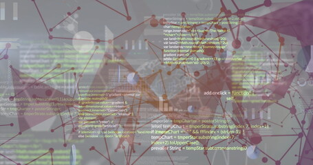Floating code snippets overlaying 3D network in data environment, with spheres, edges, globe