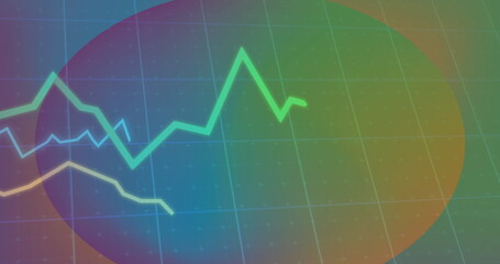 Showing green jagged line chart on digital grid, with multiple colored lines and gradient circles