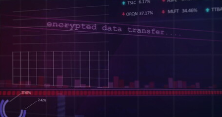 Displaying encrypted data transfer dashboard UI on virtual interface, with grid overlay, bar chart