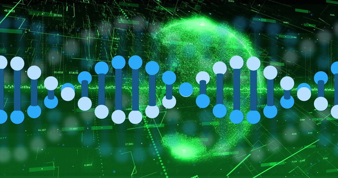 Displaying DNA helix floating over data interface, with particle globe, overlays and grid lines