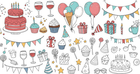 party cakes, wine glasses, colorful balloons, cupcakes, gifts, confetti, bunting flags, desserts, festive decorations, joyful mood