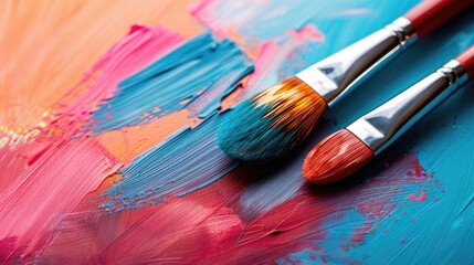 Fototapeta premium Two paintbrushes with vibrant bristles rest on a colorful palette of mixed paint, showcasing artistic creativity and the joy of painting in a bright, inviting atmosphere