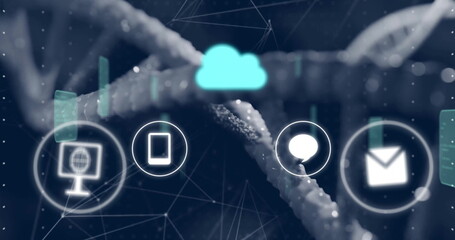 Floating cyan cloud icon over tubular lines, with computer smartphone speech bubble and mail icons