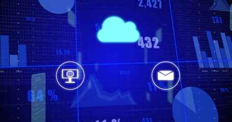 Floating glowing cloud icon hovering over dashboard, with monitor icon, envelope icon and charts