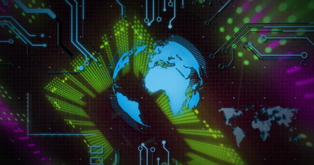Rotating 3D digital globe over dark grid, with circuit traces, data streams and map silhouette