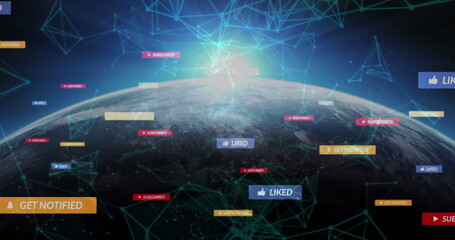 Displaying Earth curved horizon in space with sunburst, mesh network, floating notification labels