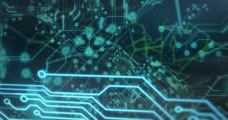Showing neon circuit traces forming data network in digital environment, glowing nodes