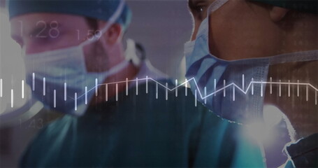 Two surgeons monitoring patient vital signs in operating room, with digital waveform overlay