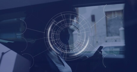 Using smartphone, woman wearing face mask sitting in car backseat, showing interface overlay