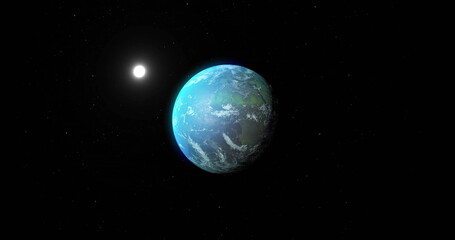 Rotating Earth-like planet orbiting in space, with bright star halo, distant star field, copy space