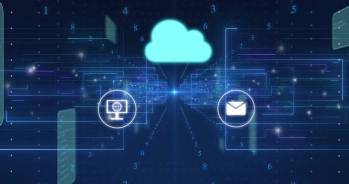 Streaming cloud icon sending data across digital network, with globe monitor and envelope icons - Powered by Adobe