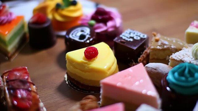 Assorted colorful mini cakes and pastries on wood