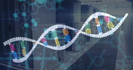Displaying digital DNA helix floating above data center, with server cabinets and hexagon overlay