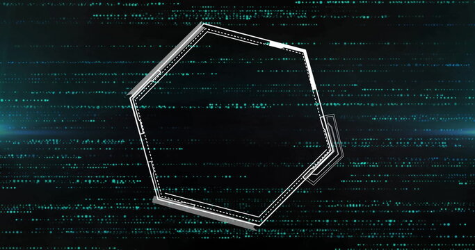 Flowing green binary code filling digital space, showing irregular layered white hexagon outline - Powered by Adobe