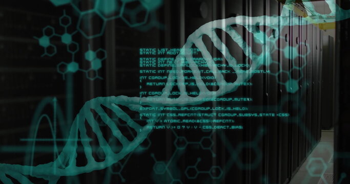 Floating teal DNA helix in data center corridor, with black racks, molecular icons and code lines