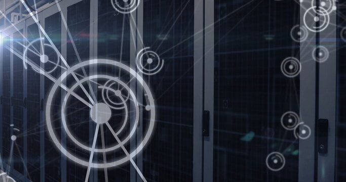 Displaying server racks operating in data center hall, with LEDs, network cables and HUD overlays