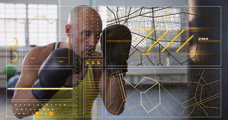 Throwing punch boxer wearing neon green tank top, boxing gloves in gym by windows with HUD