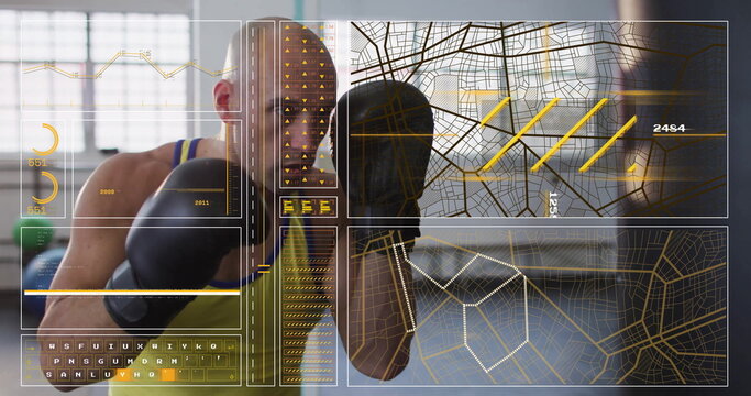 Throwing punch boxer wearing neon green tank top, boxing gloves in gym by windows with HUD - Powered by Adobe