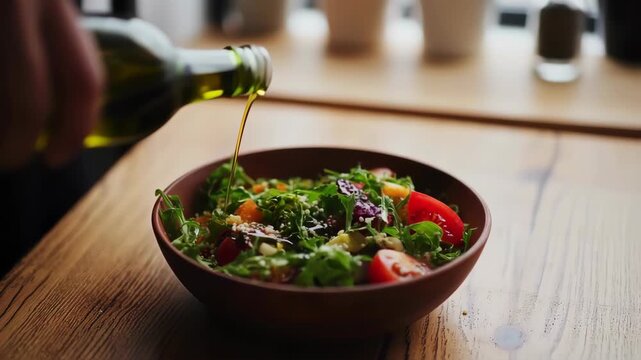 Olive oil poured over a vibrant salad in a rustic bowl