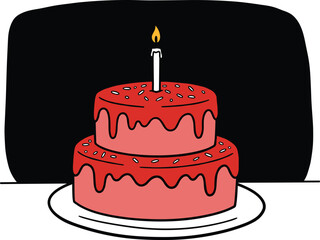 Pink birthday cake with candle, red icing, sprinkles, celebration dessert, festive treat, party cake, sweet food, black background