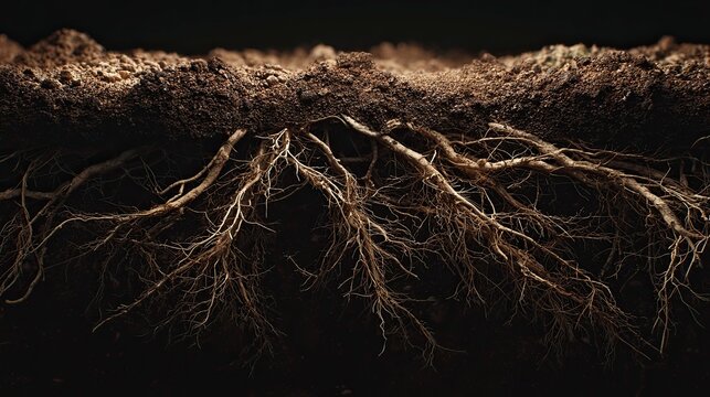 Detailed closeup plant roots in soil