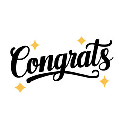 Congrats graphic with elegant black script lettering and sparkling yellow stars on a white background design