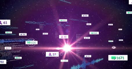 Bright pink starburst flare shining in purple data space, with thumbs-up metrics and comment counts