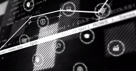 Showing UI icons and code text in digital interface, with data symbols, striped light patterns