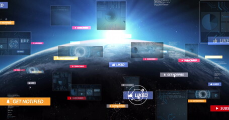 Displaying Earth horizon in space showing floating notification banners and holographic data panels