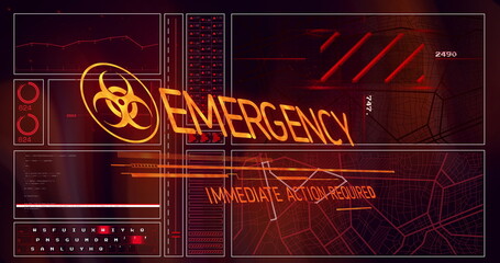 Displaying alert panel of biohazard symbol EMERGENCY and IMMEDIATE ACTION REQUIRED in control room