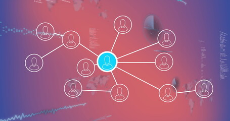 Displaying blue user node linking white icons in network interface, with map and code overlays