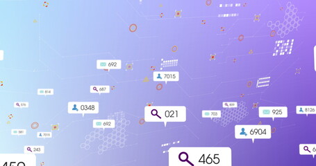 Floating central callout bubble displaying '021' hovering on violet-blue UI, with numbers and icons