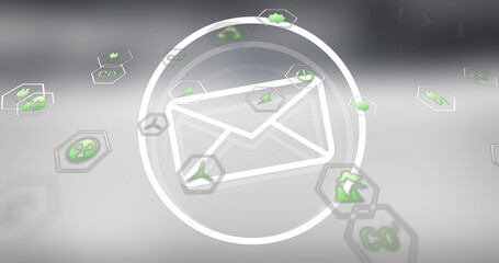 Floating white envelope icon in circular frame hovering over 3D interface, with green icon hexagons