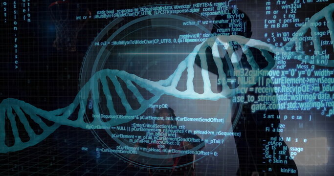 Rotating glowing blue DNA helix floating in virtual UI, with C++ code snippets and scanning reticle