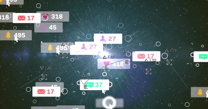 Social media notification icons floating in space, with envelope, heart, user, alert and chat icons