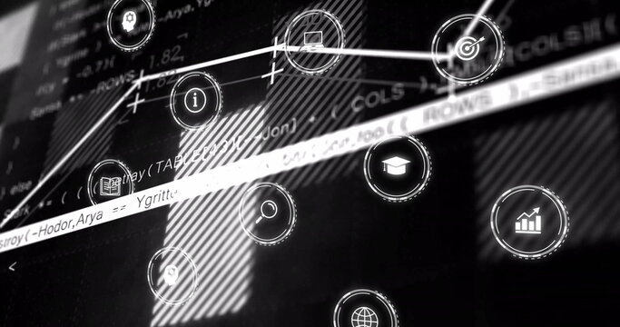 Showing UI icons and code text in digital interface, with data symbols, striped light patterns