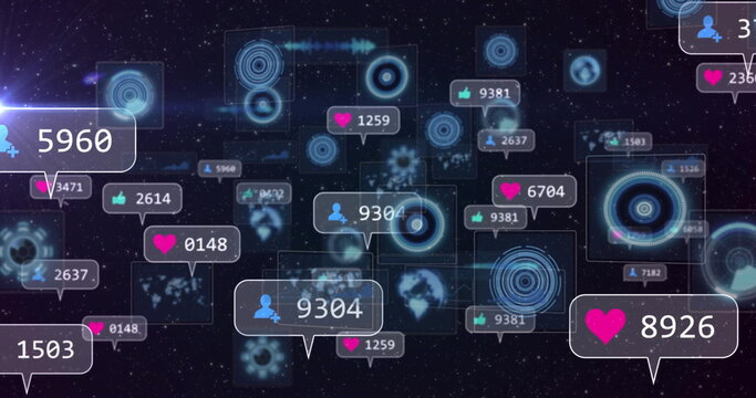 Floating social media notifications and heart counters populating UI with world map fragments - Powered by Adobe