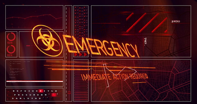 Displaying alert panel of biohazard symbol EMERGENCY and IMMEDIATE ACTION REQUIRED in control room