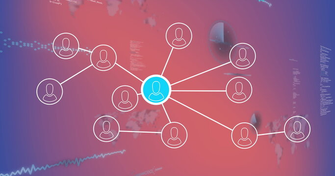 Displaying blue user node linking white icons in network interface, with map and code overlays - Powered by Adobe
