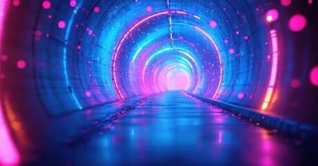 Fototapeta premium Bright tunnel extends into distance. Vivid pinks, blues create futuristic effect. Lights illuminate interior, suggesting travel.