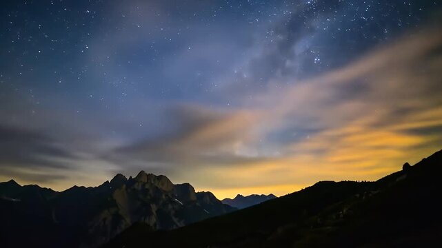 Starry Mountain Night: Vast night sky filled with stars and faint clouds glowing with light pollution over silhouetted mountain peaks.