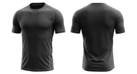 Front and back view of a black athletic t-shirt, showcasing design details and fabric texture.