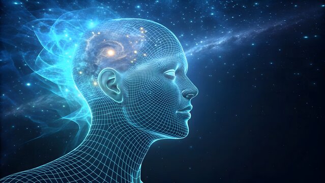 Futuristic digital human head with glowing neural network and cosmic background