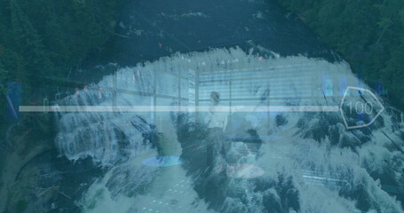 Blending waterfall with office lounge chairs and tall windows under financial data overlays