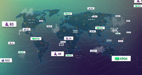 Displaying world map featuring social media analytics on dashboard, with user icons and like icons