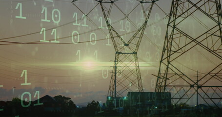 Occupying lattice steel towers with power lines above buildings at sunset, with binary code overlay