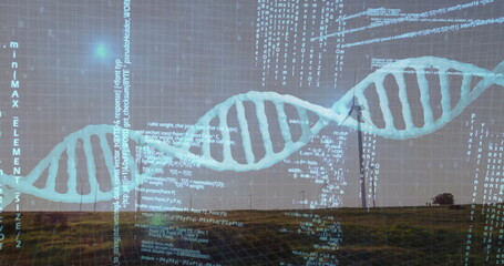 Displaying DNA double helix graphic spanning plain at dusk, with code snippets and 3D grid