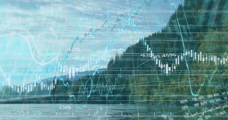 Naklejka premium Displaying forested lakeshore blending water with financial candlestick charts and grid overlays
