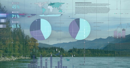 Naklejka premium Displaying two transparent pie charts over waterway at lake, with world map, bar and line overlays