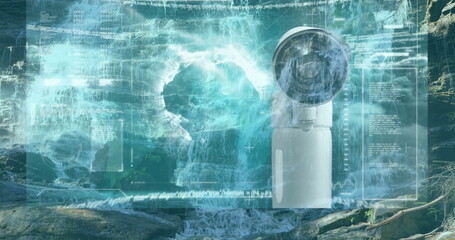 Scanning waterfall, sleek white sensor turret showing holographic data overlay in gorge, copy space
